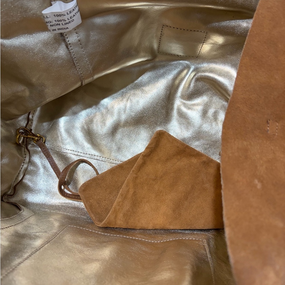 Haute Hippie Tan Suede Tote Bag Metallic Gold Interior Pouch Boho Festival Large - Picture 4 of 5